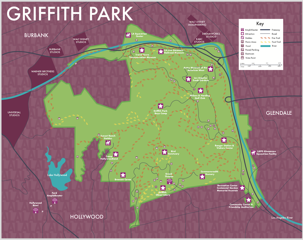 Two dimensional tourist map of Griffith Park in Los Angeles, California.