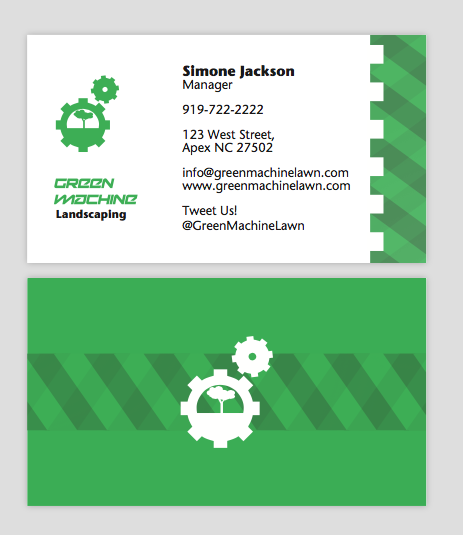 Logo, branding, buisness card, and letterhead for landscaping company Green Machine. 