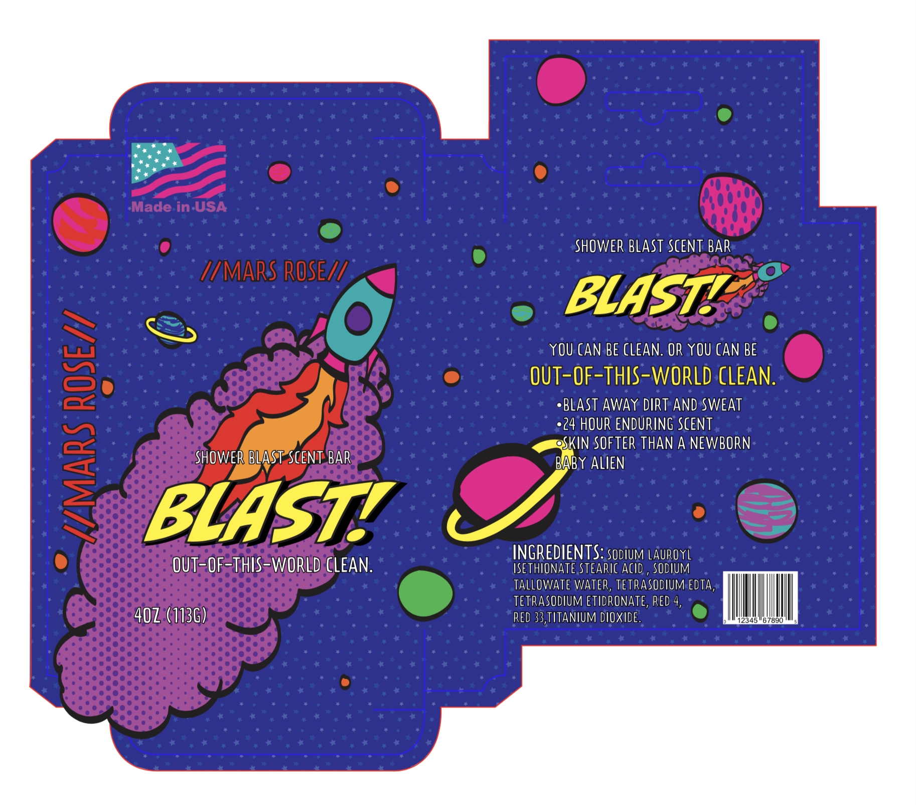 Package design for the brand soap brand 'Blast', targeting late elementary and middle school girls.