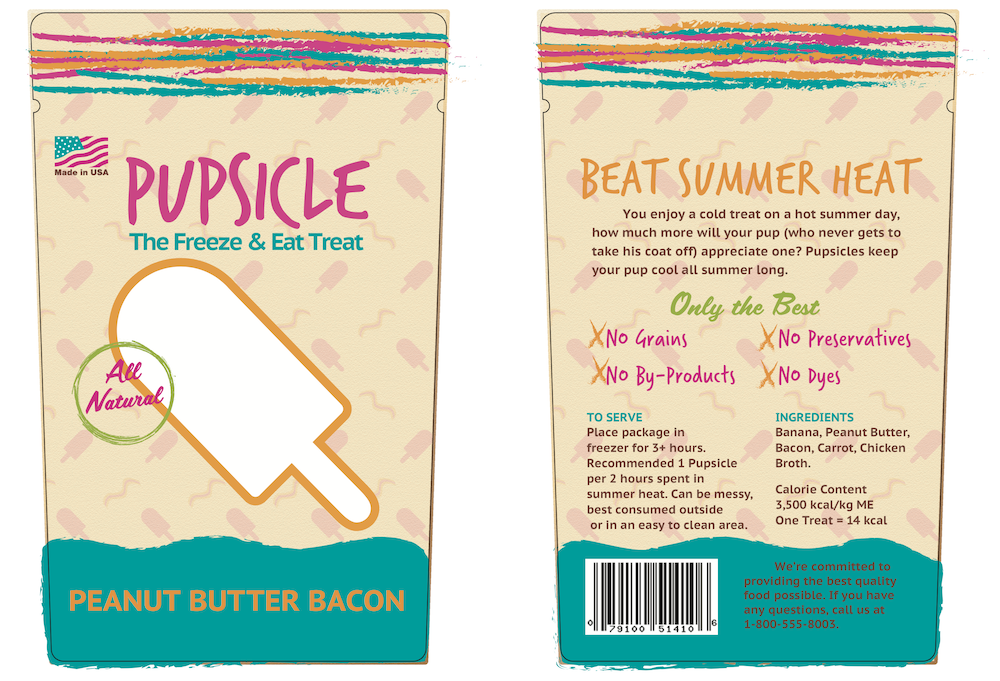 Package design for a summer themed dog treat Pupsicle.