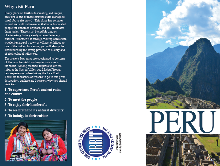 Travel Brochoure for Orbit Travel Agency, destination Peru.