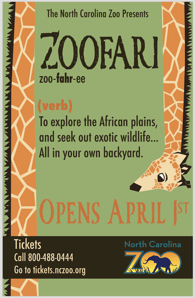 Promotional poster for the North Carolina Zoo's seasonal attraction Zoofari.